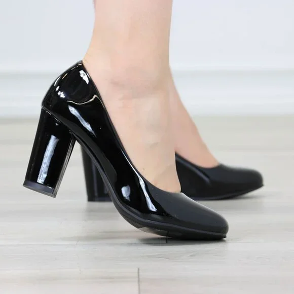 Classic Black Patent High Heel Slip On Round Toe Block Pumps - Picture 4 of 11